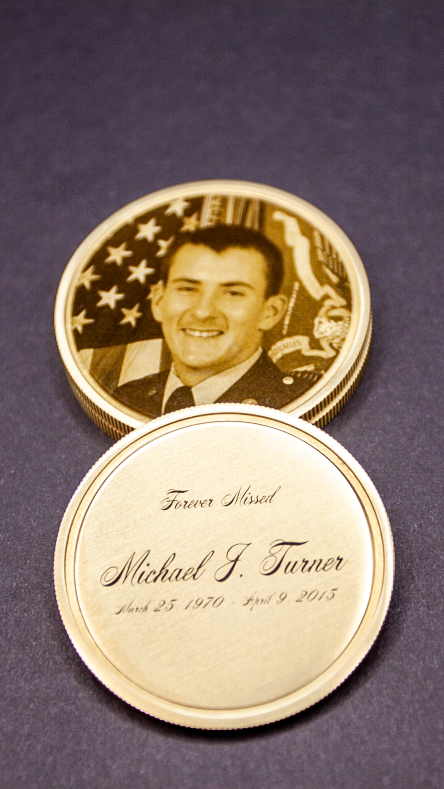 Memorial coin with photo and text