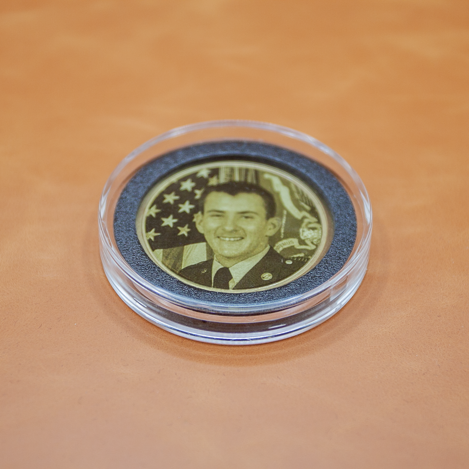 Personalized memorial coin protected in crystal clear AirTite case