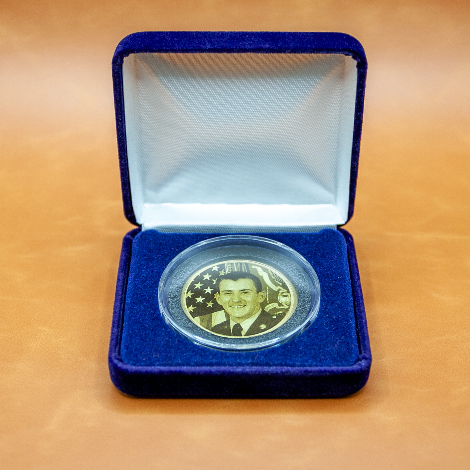 Memorial wedding coin with custom photo engraving in elegant presentation box